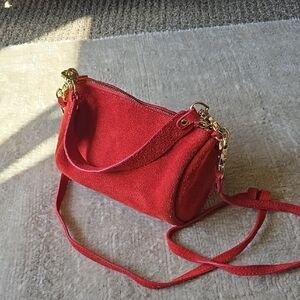 Vibrant Red-Orange Suede Mini Bag with Gold Hardware